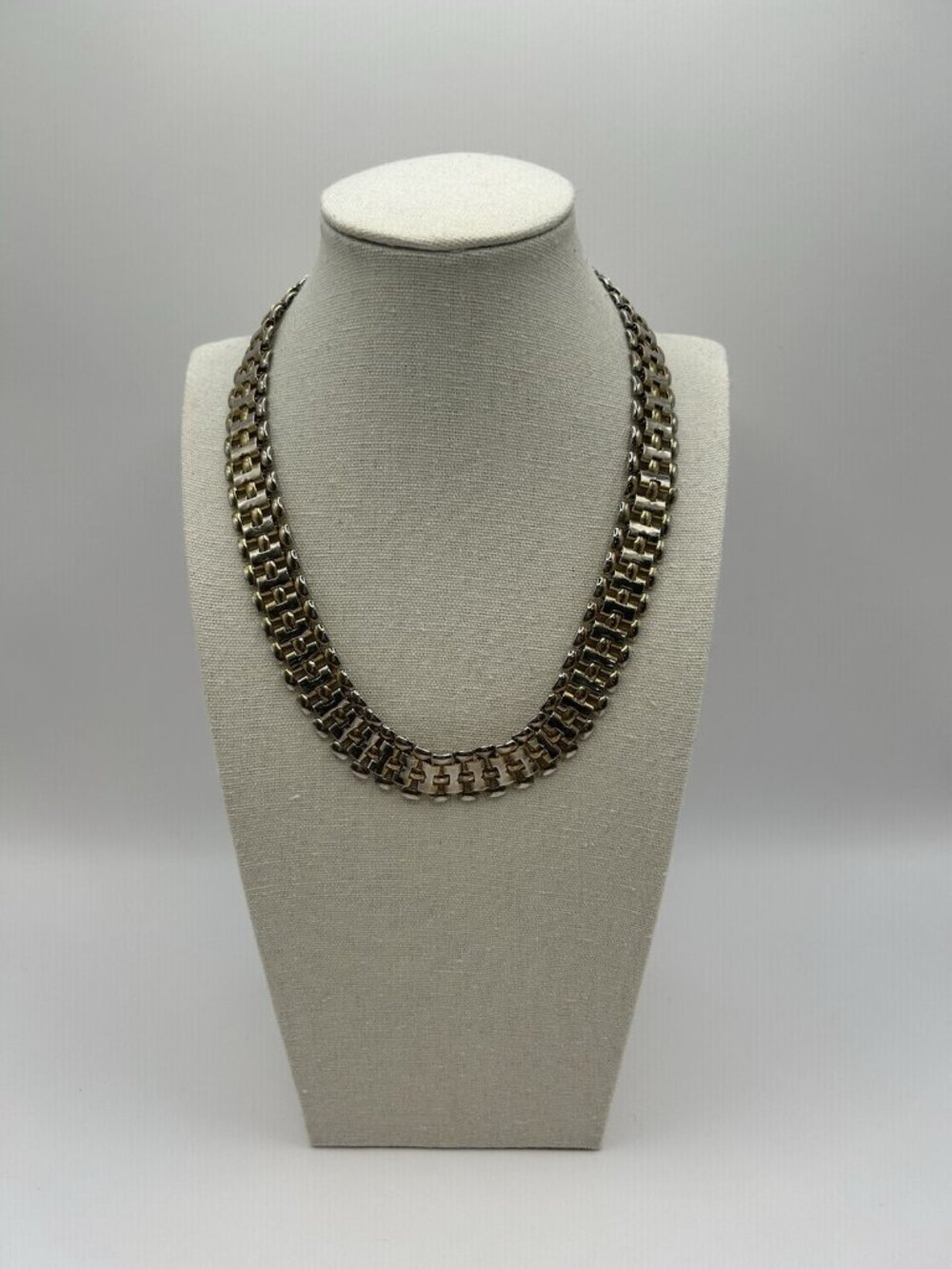 Vintage Two Tone Link Necklace Silver Gold Tone Chunky Statement 17” Bold Panel - Picture 11 of 11